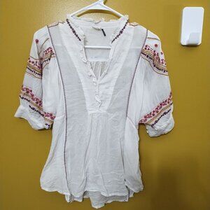 Anthropologie Akemi + Kin Embroidered High Neck Blouse S Gauzy Cotton Boho